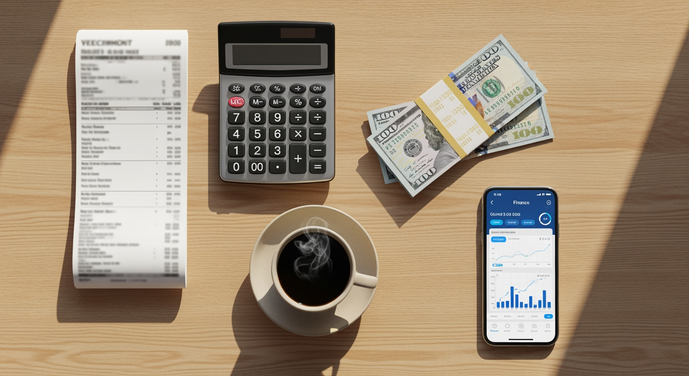 Calculator, paycheck, cash, and a finance app on a desk