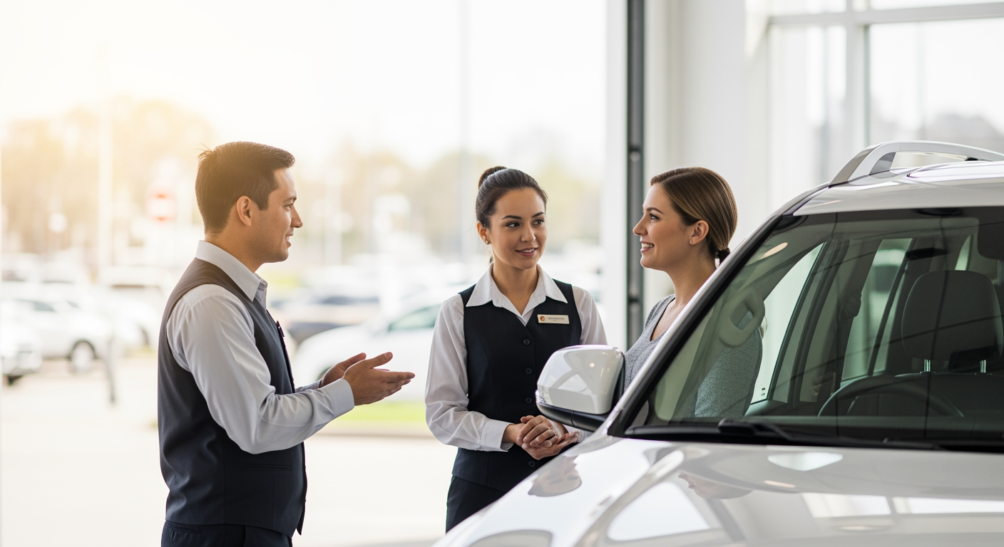 Dealership service advisors with a customer on the showroom floor