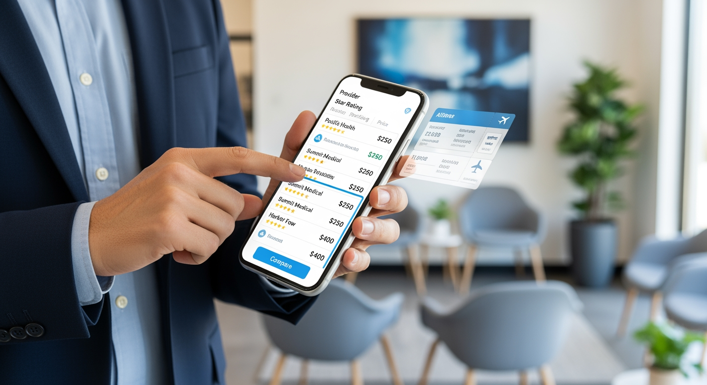 Employee comparing medical care providers on a smartphone — like shopping for airline tickets